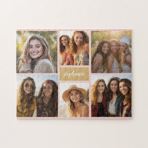 6 Foto-Collage Name Minimalist - Farbe editierbar Puzzle