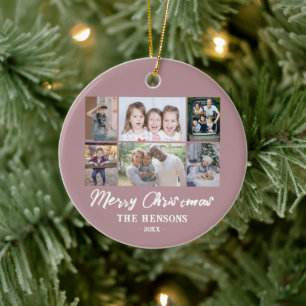 6 Foto Collage Pink Frohe Weihnachtsfamilie Keramik Ornament
