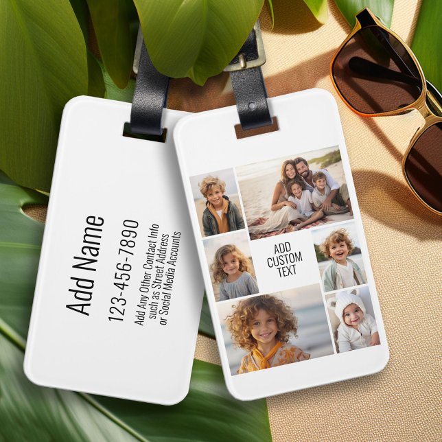 6 Foto-Collage - weißer Hintergrund - schwarzer Te Gepäckanhänger (Personalized Luggage and Bag Tag)