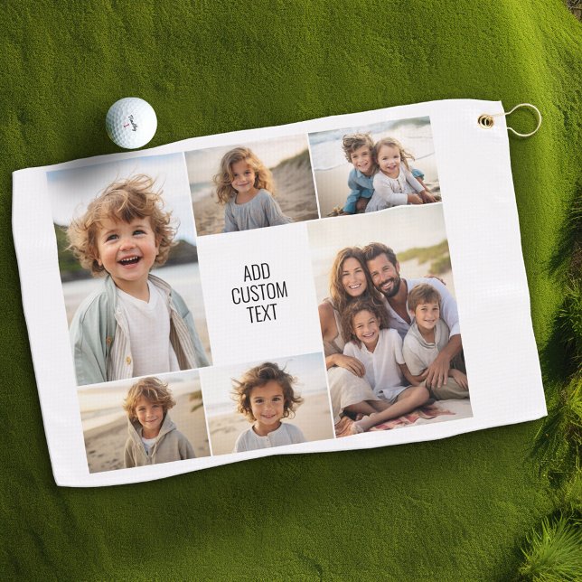 6 Foto-Collage - weißer Hintergrund - schwarzer Te Golfhandtuch (Custom Golf Towel with Photo Collage)