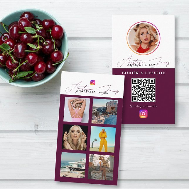 6 Foto Fütterte Grid Social Media QR Code Burgundy Visitenkarte (6 Photo Feed Grid Social Media QR Code Burgundy Business Card)