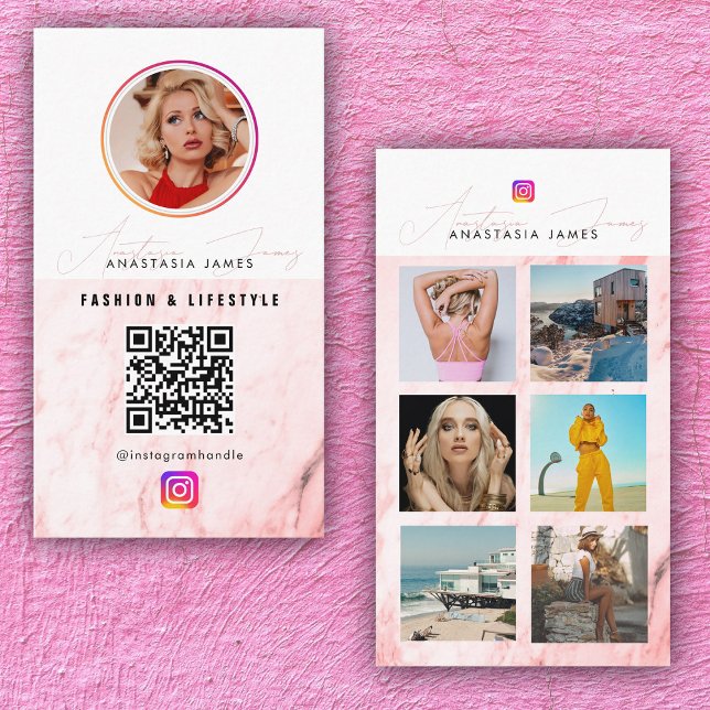 6 Foto Füttre Grid Social Media QR Code Rosa Marmo Visitenkarte (6 Photo Feed Grid Social Media QR Code Pink Marble Business Card)