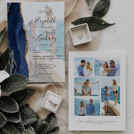 6-Foto Navy Blue Gold Agate Hochzeit Einladung