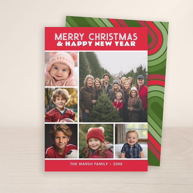 6 Foto Retro Strip Weihnachten Roter Frieden und L (7 Photo Collage with Retro Stripes - Online Christmas Card - Print and Download Options)