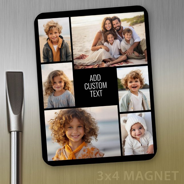 6 Foto - schwarzer Hintergrund - weißer Text Magnet (Personalized magnet with photo collage and text)