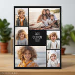 6 Foto - schwarzer Hintergrund - weißer Text Postkarte<br><div class="desc">6 Fotos in einem ungleichmäßigen Muster umgeben eine Öffnung für drei Textzeilen. Verwenden Sie 2 quadratische Fotos und 4 vertikale Fotos, um diese Arbeit zu machen! Der Hintergrund ist eine solide Farbe. Wenn Sie gewollt haben, die Farben zu ändern, klicken Sie auf den erweiterten Designbereich und sehen Sie mehr Auswahl....</div>