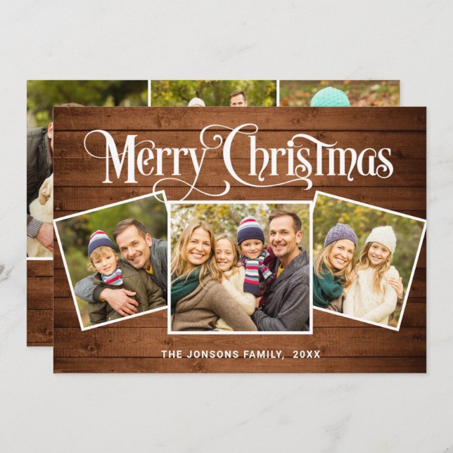 6 FOTO Weihnachten Rustikales Braun Holz Gruß (Vorne/Hinten)