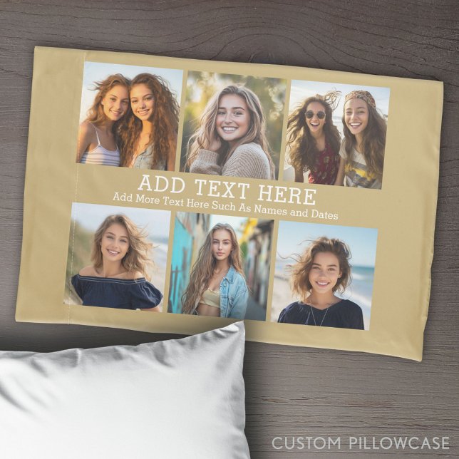 6 FotoCollage 2 Textzeilen — Pastellgold Kissenbezug (Create Your Own Photo Collage Pillowcase)