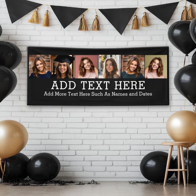 6 FotoCollage 2 Zeilen Text — CAN Schwarz bearbeit Banner (Custom Graduation Banner with Photo and Grad Name)