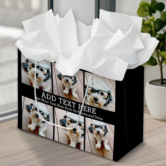 6 FotoCollage 2 Zeilen Text — CAN Schwarz bearbeit Große Geschenktüte (Custom Photo Gift Bag)
