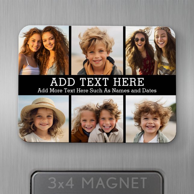 6 FotoCollage 2 Zeilen Text — CAN Schwarz bearbeit Magnet (Personalized fridge magnet - add photos and custom text)