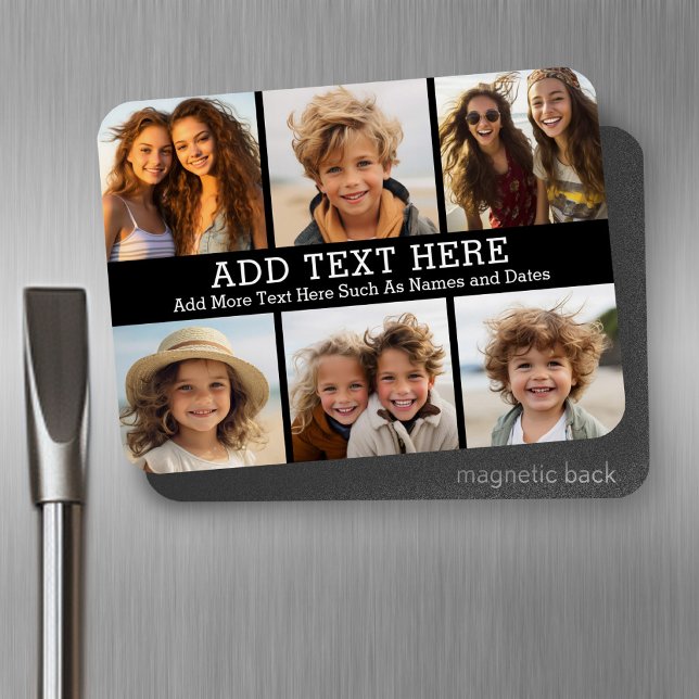 6 FotoCollage 2 Zeilen Text — CAN Schwarz bearbeit Magnet (Personalized fridge magnet - add photos and custom text)