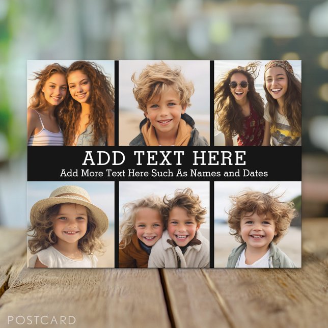 6 FotoCollage 2 Zeilen Text — CAN Schwarz bearbeit Postkarte (Custom Personalized Photo Collage Postcard)