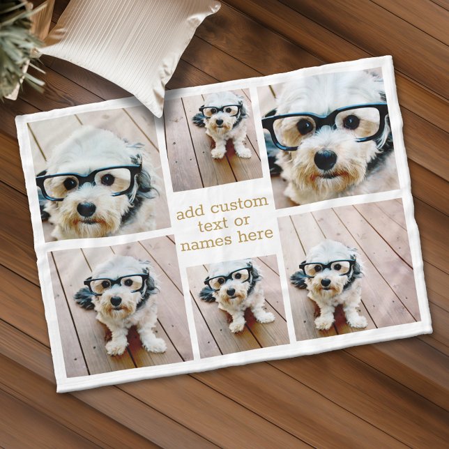 6 FotoCollage Minimalistisch - Gold und Weiß Fleecedecke (Custom Fleece Blanket - Add Photos and Text)