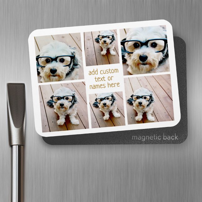 6 FotoCollage Minimalistisch - Gold und Weiß Magnet (Personalized fridge magnet - add photos and custom text)