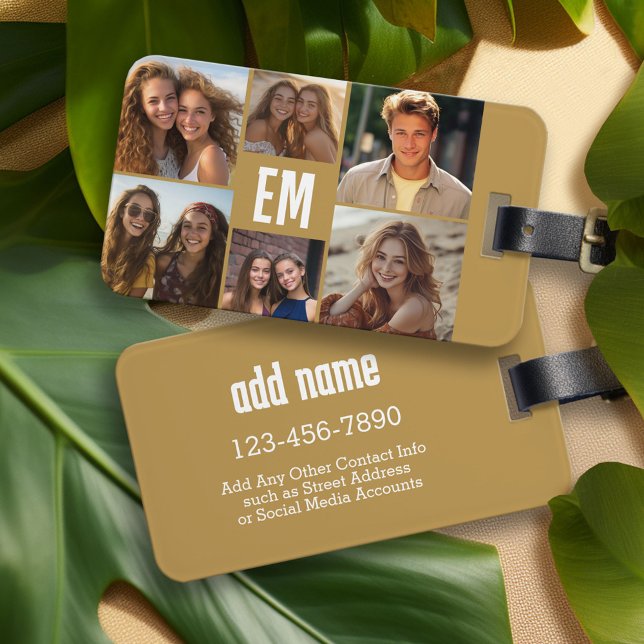 6 FotoCollage mit Gold Monogramm und Text Gepäckanhänger (Photo Collage Luggage Tag)