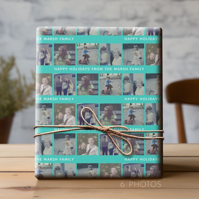 6 FotoCollage mit Happy Holiday Text Aqua Aquamari Geschenkpapier (Custom Photo Wrapping Paper)