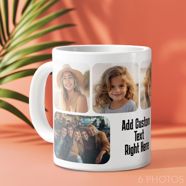 6 FotoCollage mit Textblock - Schwarzweiß Jumbo-Tasse (Custom Photo Collage Mug)