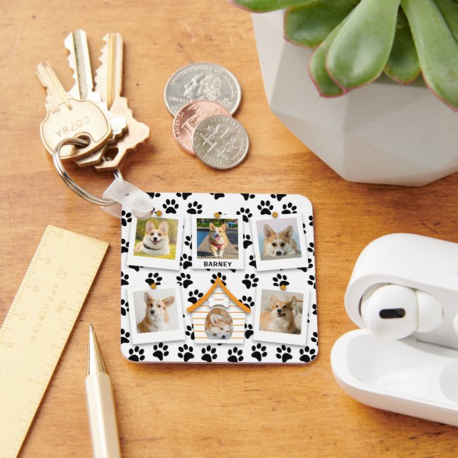 6 Fotocollage Name Dog House Paw Prints hinzufügen Schlüsselanhänger (Schreibtisch)