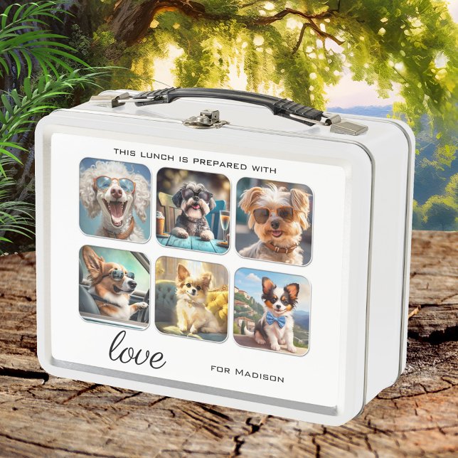 6 FotoCollage oder Niedliche Hunde Metall Brotdose (Lunch Box featuring 6 of your custom photos (or cute dogs!) framed by a simple white background.)