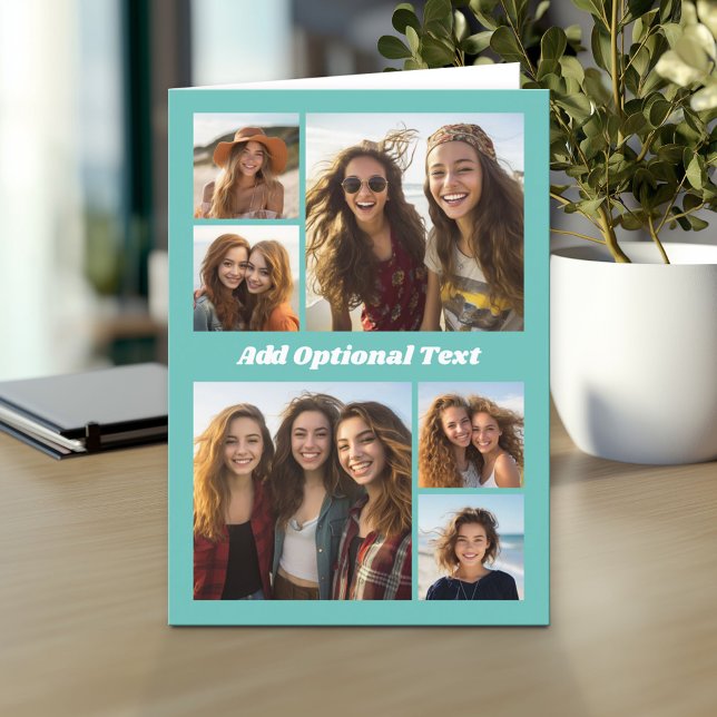 6 Fotocollage Optionaler Text — Blau bearbeiten Karte (Custom Personalized Greeting Card)