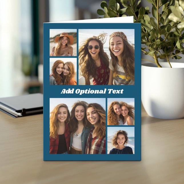 6 Fotocollage Optionaler Text — Blau bearbeiten Karte (Custom Personalized Greeting Card)