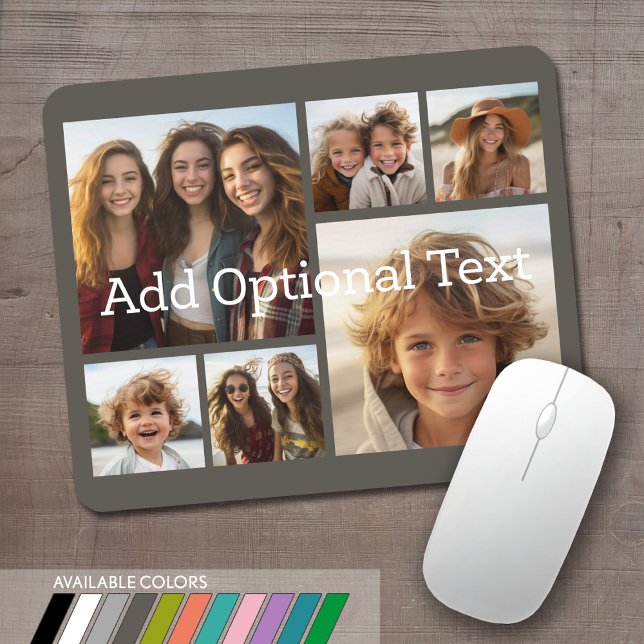 6 Fotocollage Optionaler Text — CAN Edit Grau Mousepad (Personalized mouse pad with 6 photos. Several colors available or choose your own.)