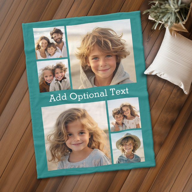 6 FotoCollage Optionaler Text — Farbe bearbeiten Fleecedecke (Personalized fleece blanket with 6 photos and custom text)