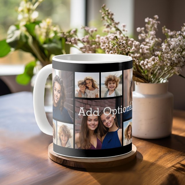 6 FotoCollage Optionaler Text — Farbe bearbeiten Kaffeetasse (Personalized mug template with a 6 photo collage and custom text)