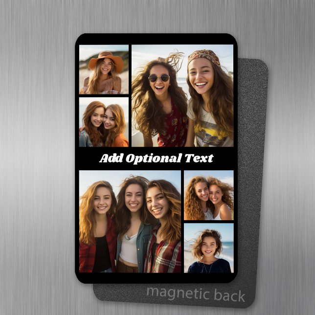 6 FotoCollage Optionaler Text — Farbe bearbeiten Magnet (Personalized fridge magnet with photos and custom text)