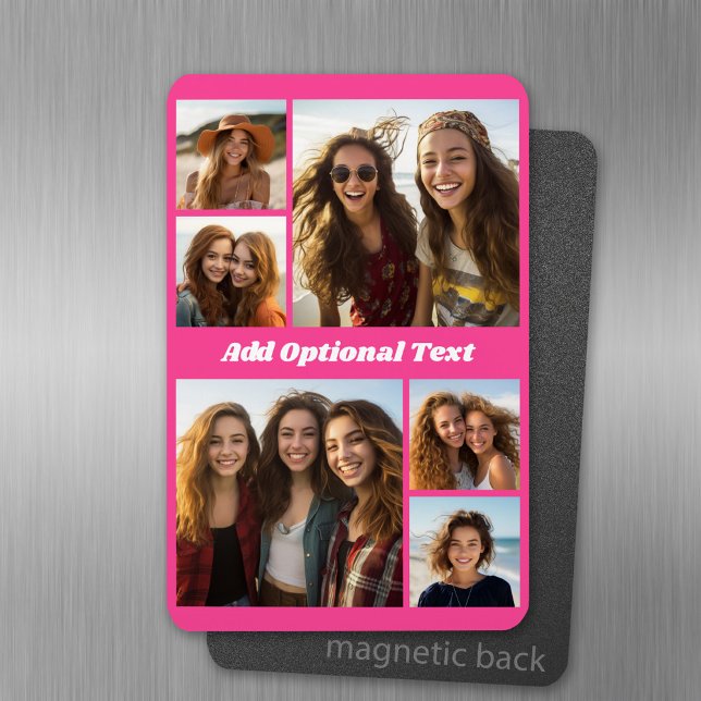 6 FotoCollage Optionaler Text — Farbe bearbeiten Magnet (Personalized fridge magnet with photos and custom text)