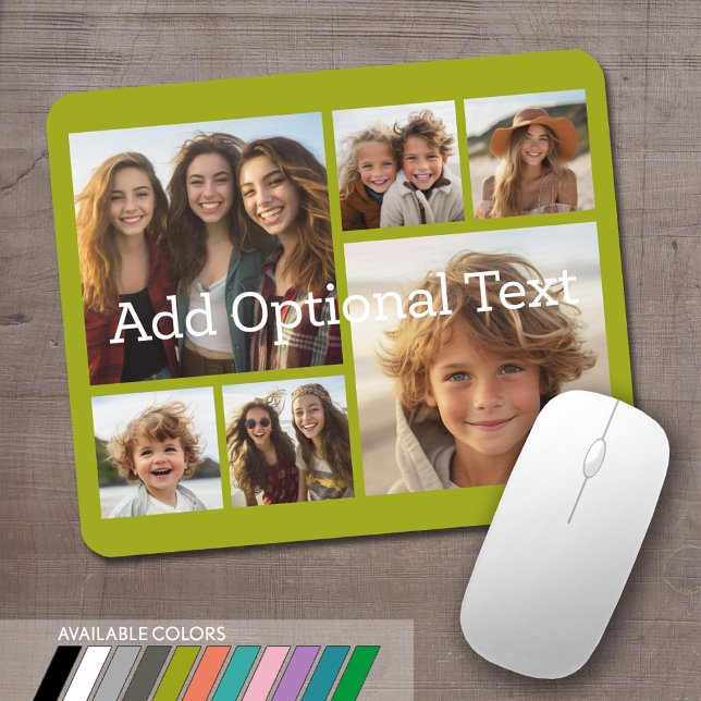 6 FotoCollage Optionaler Text — Farbe bearbeiten Mousepad (Personalized mouse pad with 6 photos. Several colors available or choose your own.)