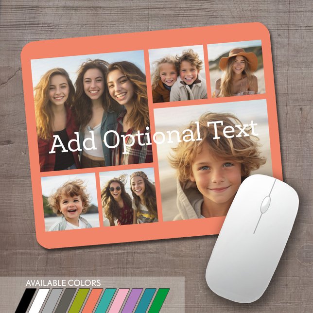 6 FotoCollage Optionaler Text — Farbe bearbeiten Mousepad (Personalized mouse pad with 6 photos. Several colors available or choose your own.)
