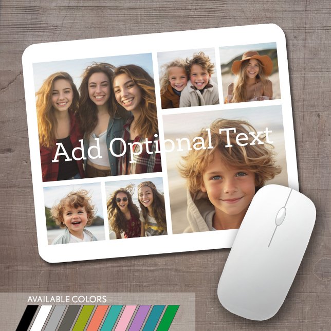 6 FotoCollage Optionaler Text — Farbe bearbeiten Mousepad (Personalized mouse pad with 6 photos. Several colors available or choose your own.)