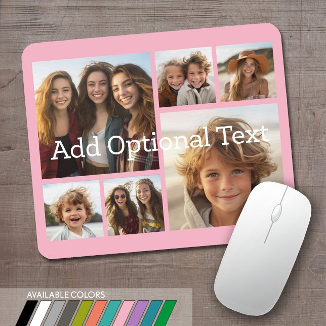 6 FotoCollage Optionaler Text — Farbe bearbeiten Mousepad (Personalized mouse pad with 6 photos. Several colors available or choose your own.)