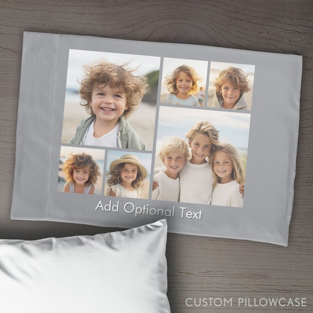 6 FotoCollage Optionaler Text — hellgrau Kissenbezug (Create Your Own Photo Collage Pillowcase)