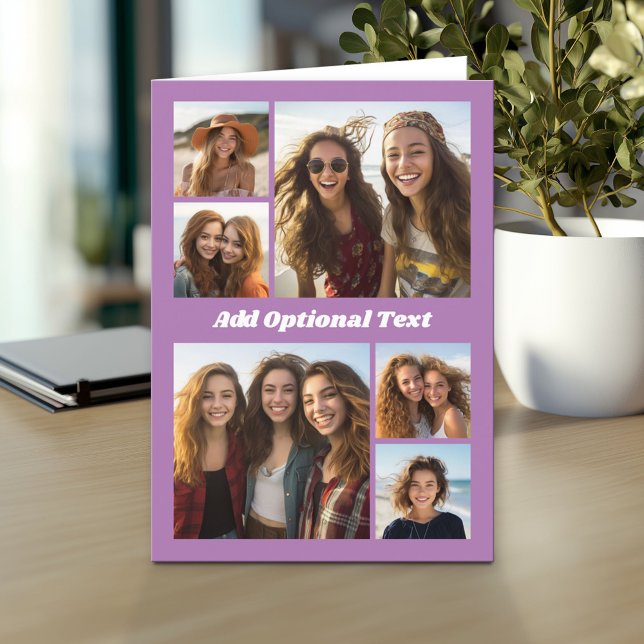 6 FotoCollage Optionaler Text — lila bearbeiten Karte (Custom Personalized Greeting Card)