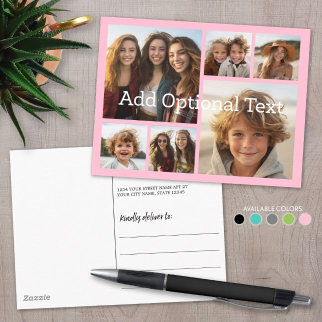 6 Fotocollage Optionaler Text — Pink bearbeiten Postkarte (Custom Photo Collage on a Postcard)