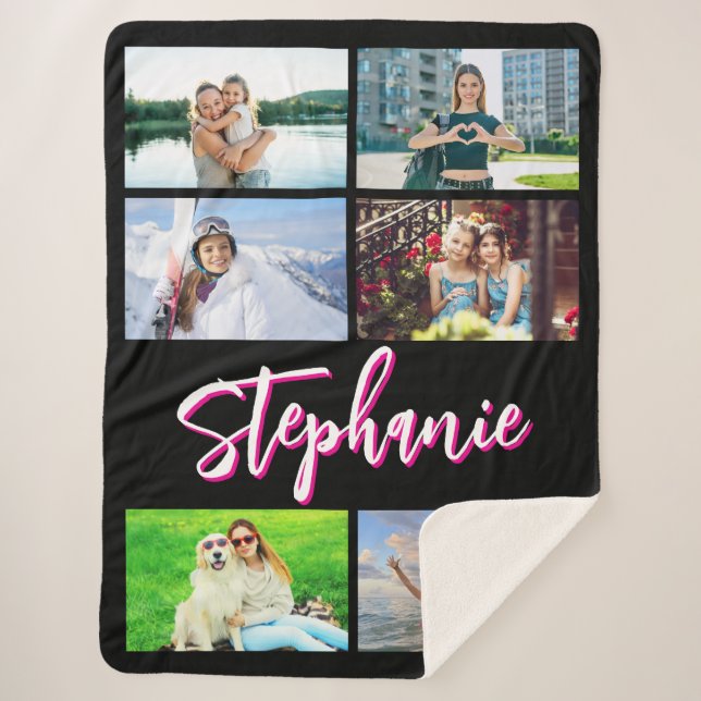 6 FotoCollage Personalisiert Hot Pink Schwarz Sherpadecke (Vorderseite)