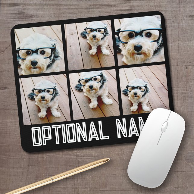 6 FotoCollage - schwarz mit fett gedrucktem Namen  Mousepad (Personalized mouse pad with your photos and text)