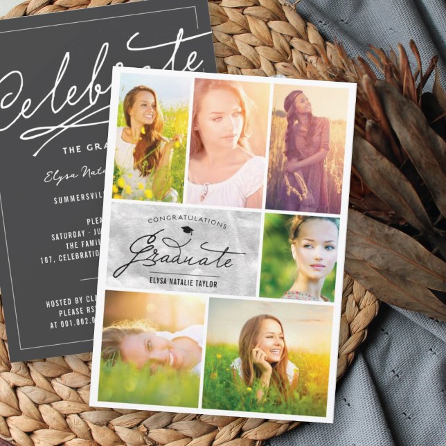 6 Fotocollage Silver Foil Chic Graduation Party Einladung (Von Creator hochgeladen)