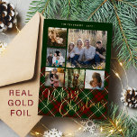 6 Fotos Frohe Weihnachtsfamilie Rotes Grün Gold Folien Feiertagskarte<br><div class="desc">Elegante karierte Tartan-Goldfolie Frohe Weihnachtsschrift sechs Fotos klassische Rot-Grün-Urlaubskarte mit Ihrem personalisierten Text auf beiden Seiten.</div>
