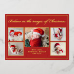 6 Fotos glauben an Weihnachts-Zauberfamilienrot Folien Feiertagskarte<br><div class="desc">Moderne Urlaubskarte mit 5 Ihrer liebsten Weihnachtsfamilienportraits,  ergänzt durch reale Goldfolien-Rahmen und Formulierung,  die "Glaube an die Magie der Weihnachtszeit" über einen festlichen roten Hintergrund,  anpassbar mit Ihrer Nachricht oder Namen. Sie können ein weiteres Bild auf der Rückseite der Karte hochladen.</div>