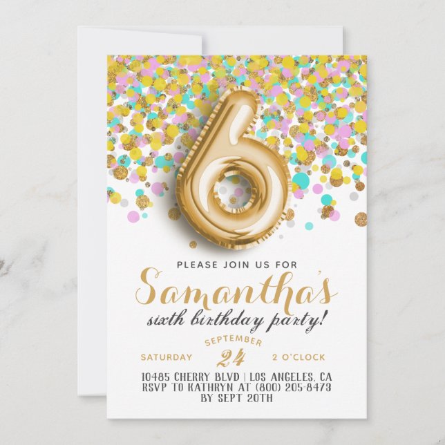 6. Geburtstag Confetti Einladung (Vorderseite)