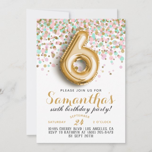 6. Geburtstag Confetti Einladung (Vorderseite)