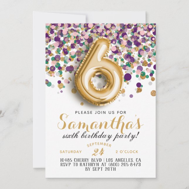 6. Geburtstag Confetti Einladung (Vorderseite)