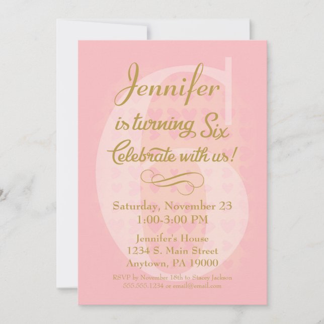 6. Geburtstag Einladung Girls Pink Goldene Herzen (Vorderseite)