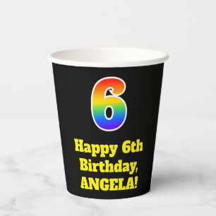 6. Geburtstag: Farbenfroh, Spaß, Spannung, Regenbo Pappbecher