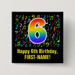 6. Geburtstag: Farbige Musiksymbole, Regenbogen 6 Button
