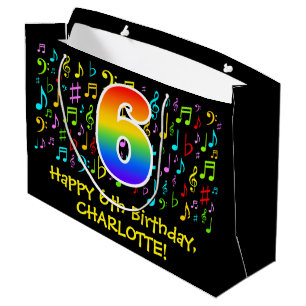 6. Geburtstag - Farbige Musiksymbole, Regenbogen 6 Große Geschenktüte